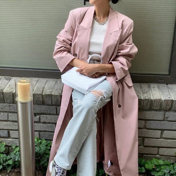 Dusty Pink PReppy Womens Double Breasted Belted Longline Coat - Picture 5 of 5